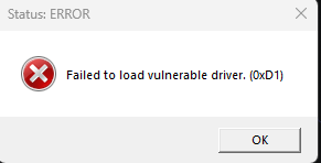 Print do erro Failed to load vulnerable driver 0xD1