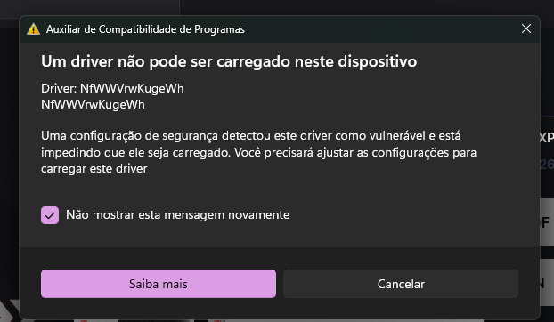 Print do erro Um driver não pôde ser carregado neste dispositivo