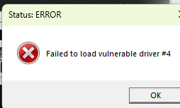 Print do erro Failed to load vulnerable driver